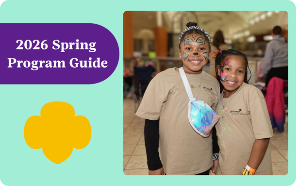 Text on left saying Spring Program Guide, photo of two smiling girls with face paint on