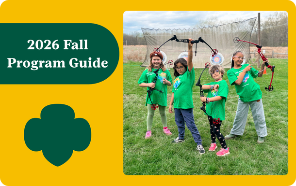 Text on left saying Fall Program Guide, photo of four girls at the archery range