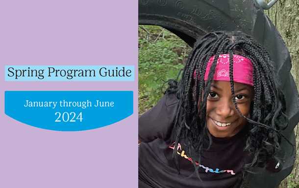 Text on left saying Spring Program Guide, photo of smiling girl on a tire swing
