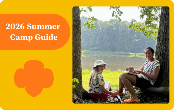 Text on left saying Summer Camp Guide, photo of two girls sitting by trees